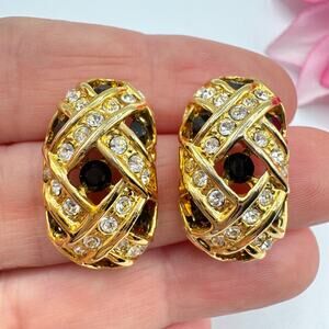 Vintage Rhinestone Basketweave Lattice Unsigned Cookie Lee Earrings Statement